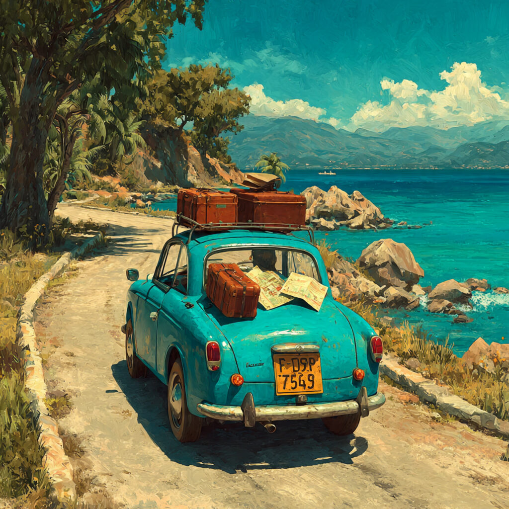 a small car driving along a winding 1