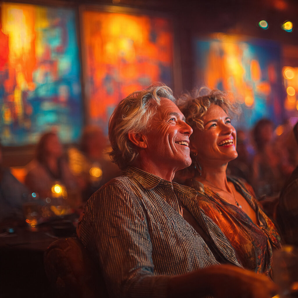 a smiling couple attending a live jazz