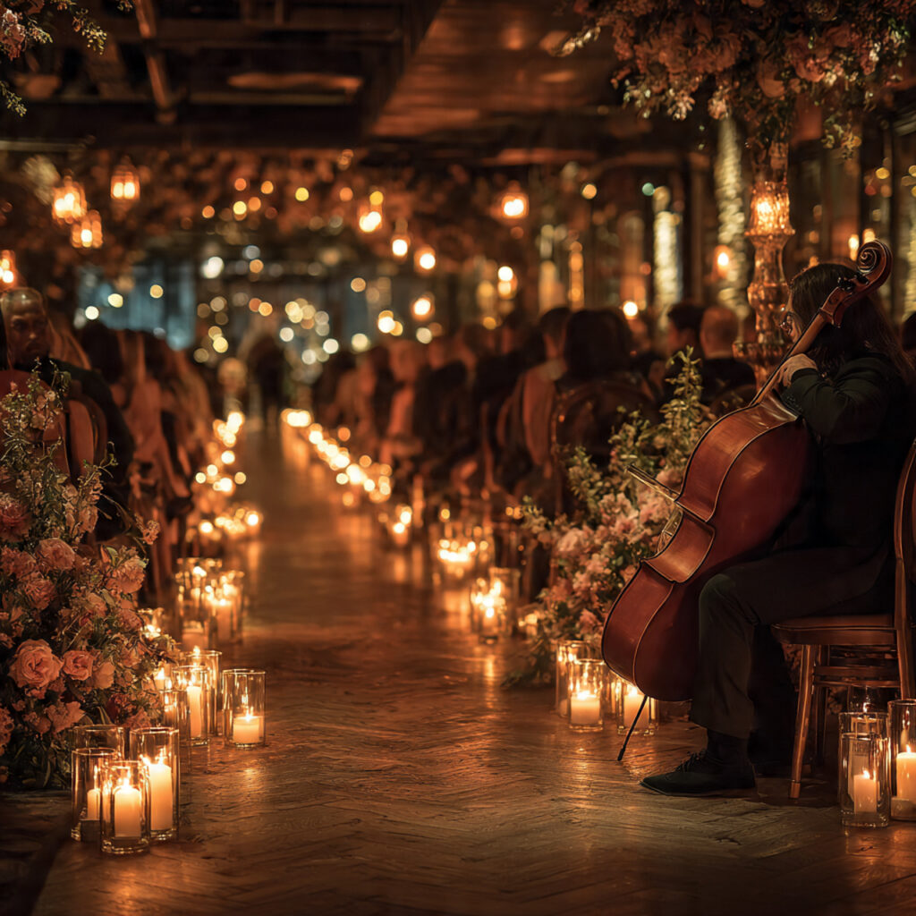 a softly lit wedding ceremony space with