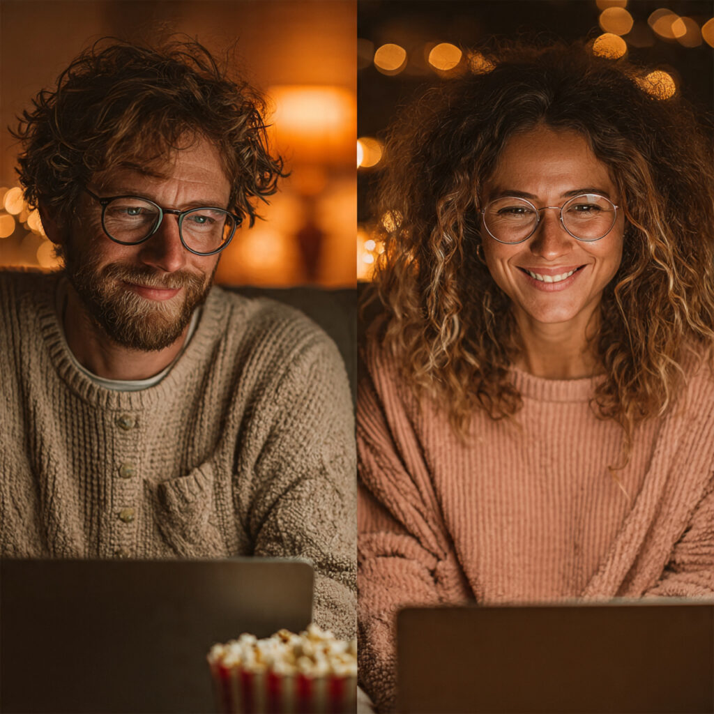 a split screen image of a long distance couple