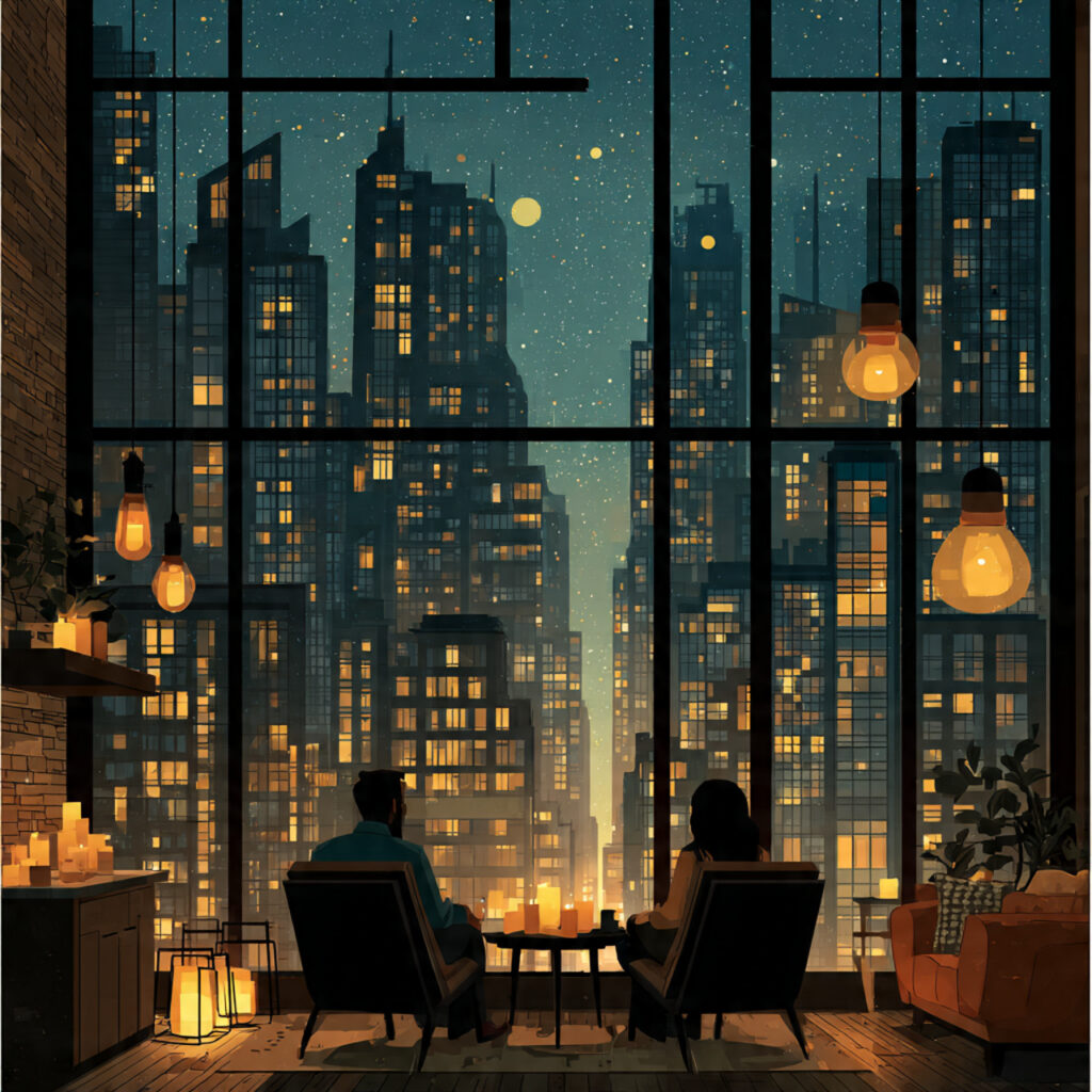 a stylish city apartment with candles couple