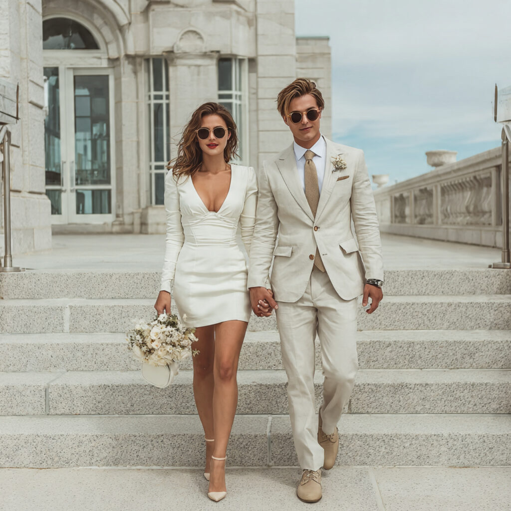 a stylish couple wearing coordinated courthouse wedding