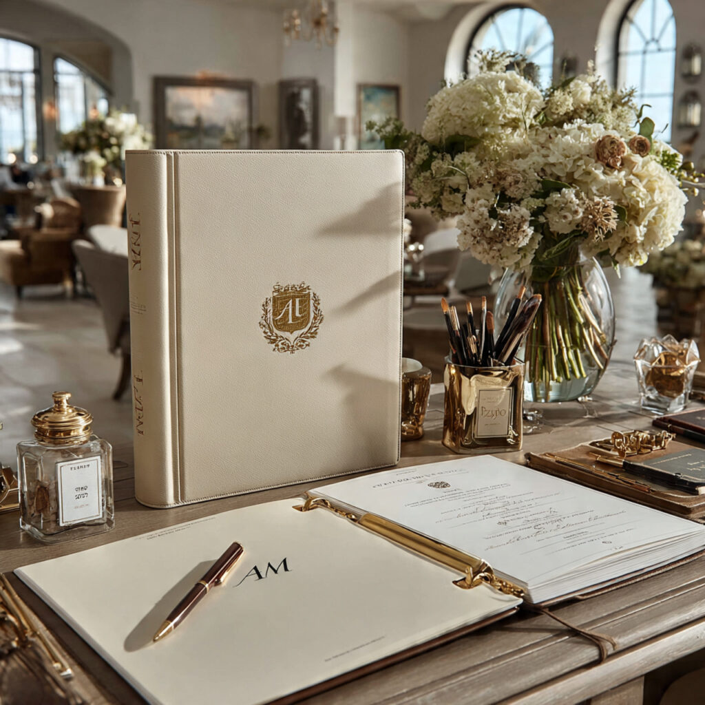a stylish wedding binder on a desk