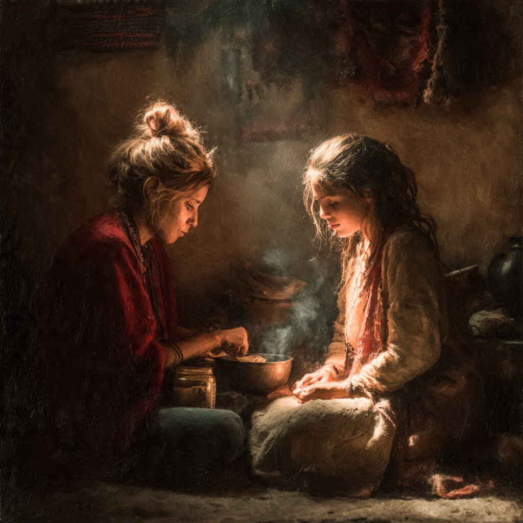 a symbolic generational moment mother offering a