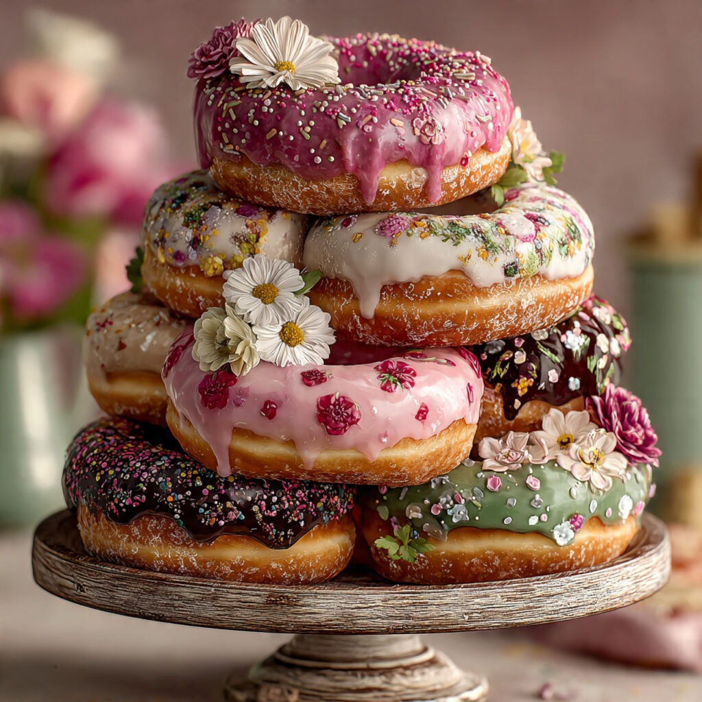 a tall cone shaped tower of assorted donuts