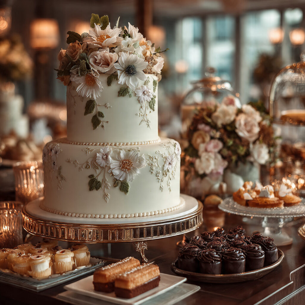 a tall elegant wedding cake with delicate