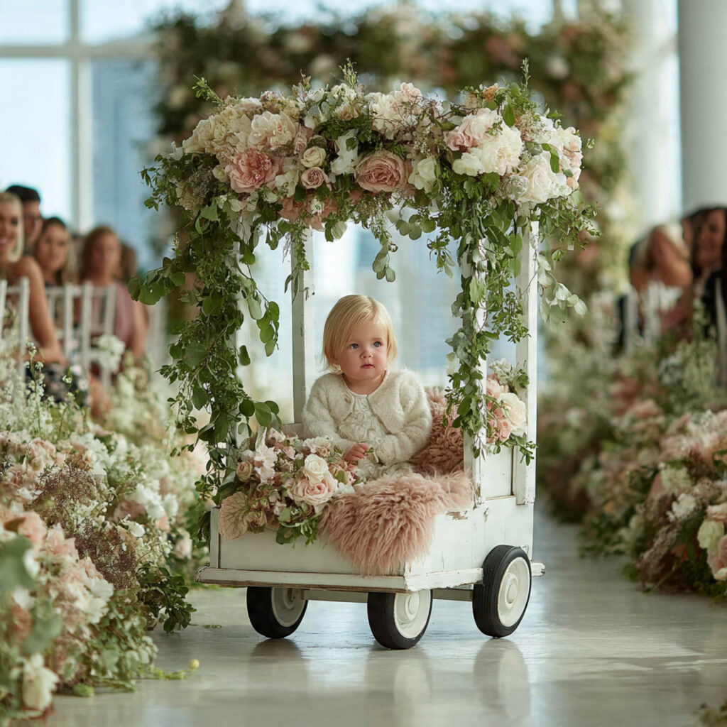 a toddler flower girl sitting in a