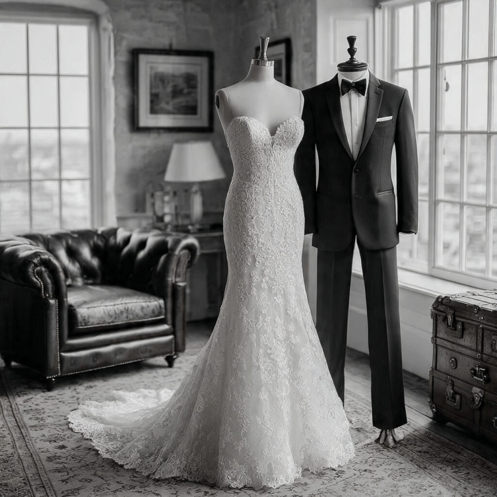 a wedding dress and tuxedo displayed in