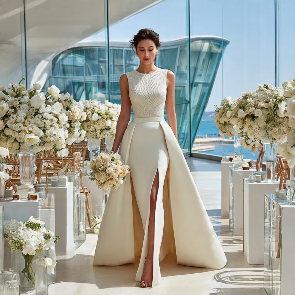 a wedding dress with detachable overskirt removed