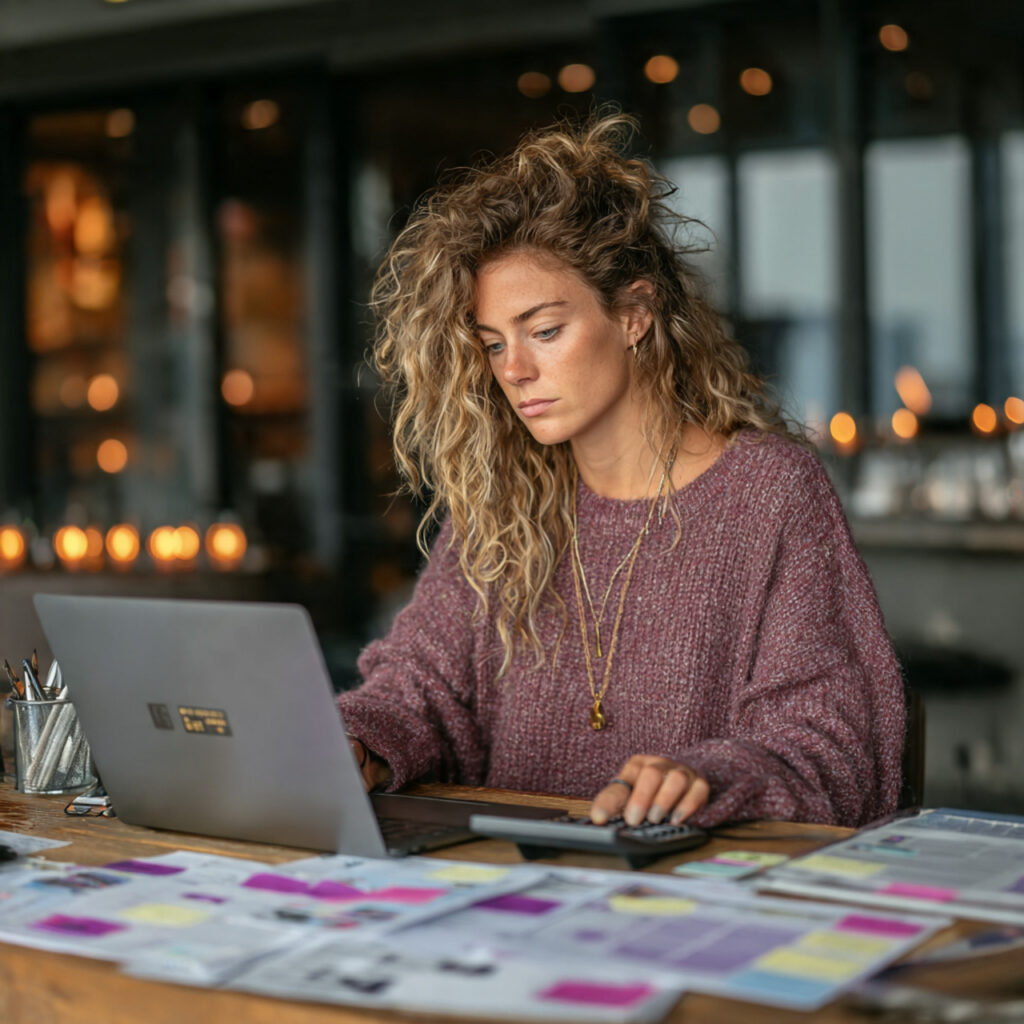 a wedding planner analyzing spreadsheets and invoices