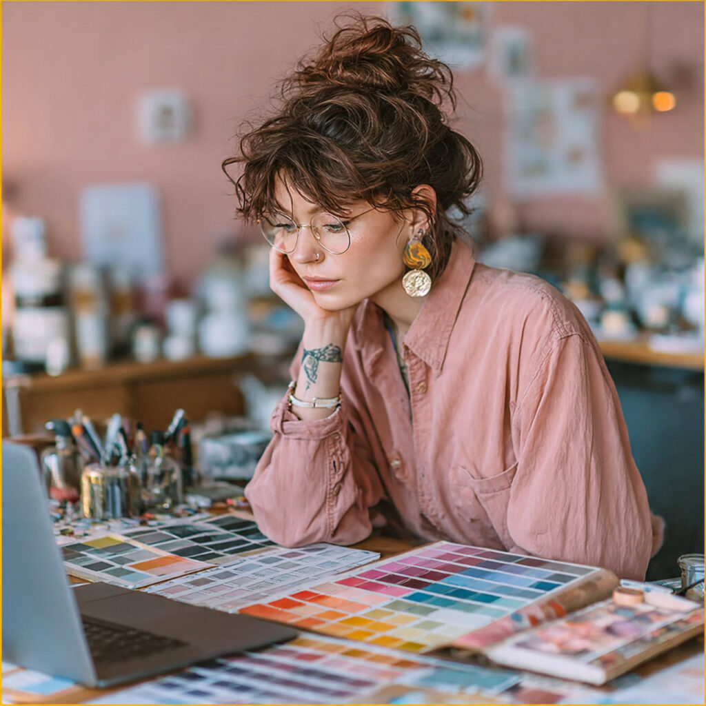 a wedding planner at a desk practicing