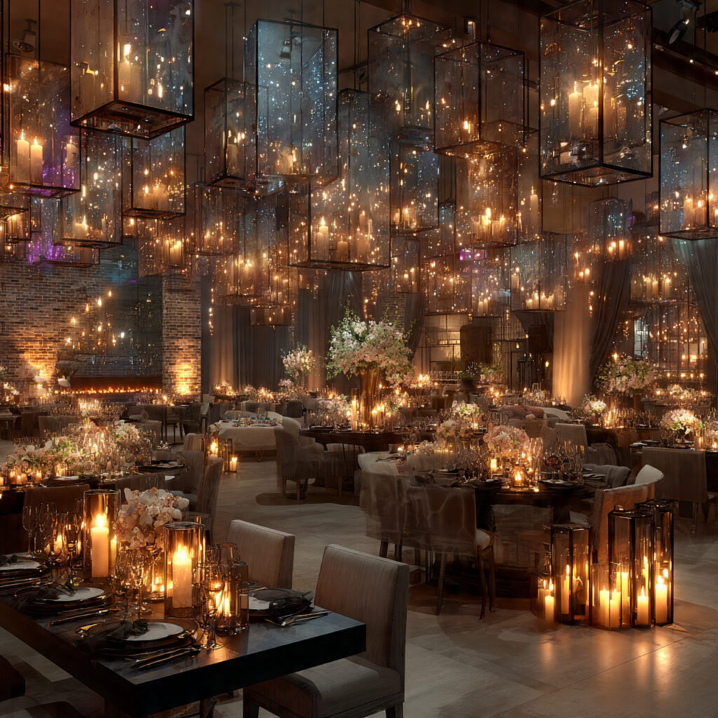 a wedding reception hall filled with stylish