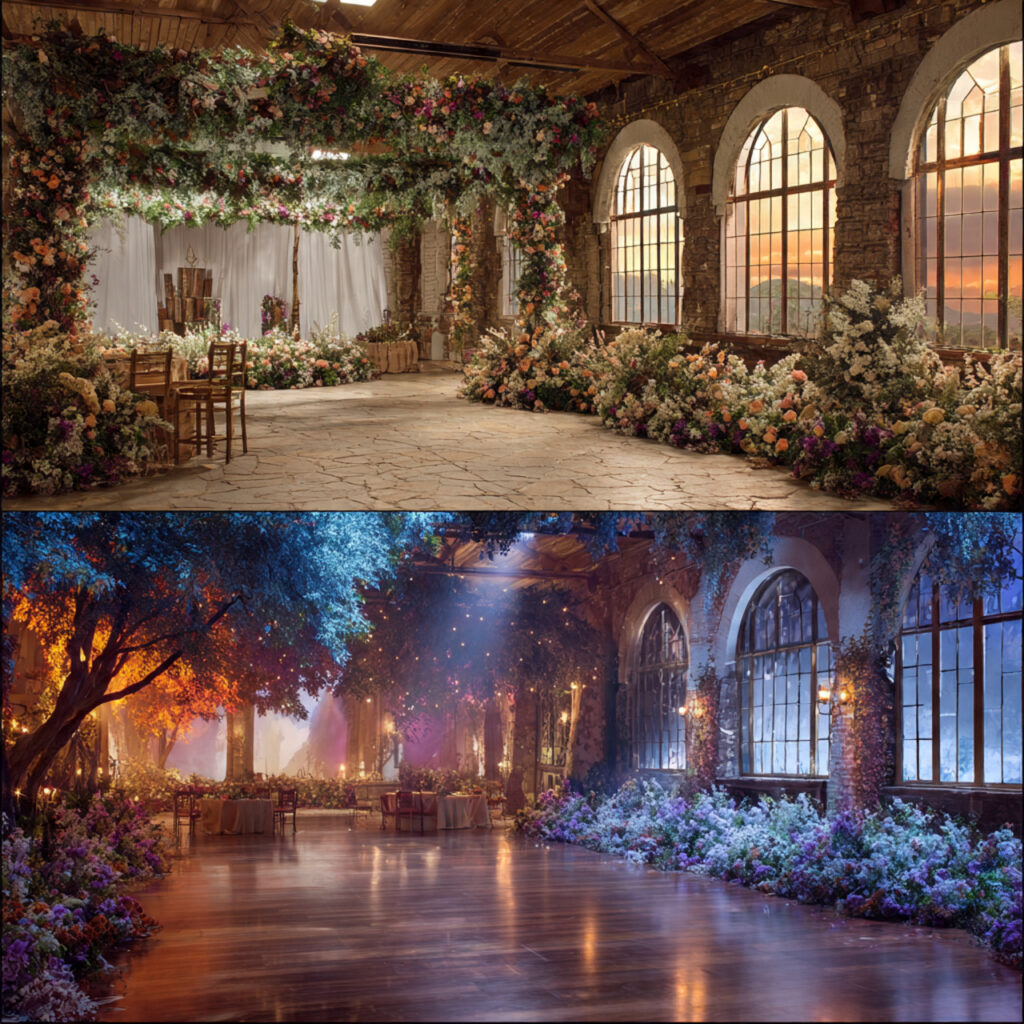a wedding venue decorated with summer flowers