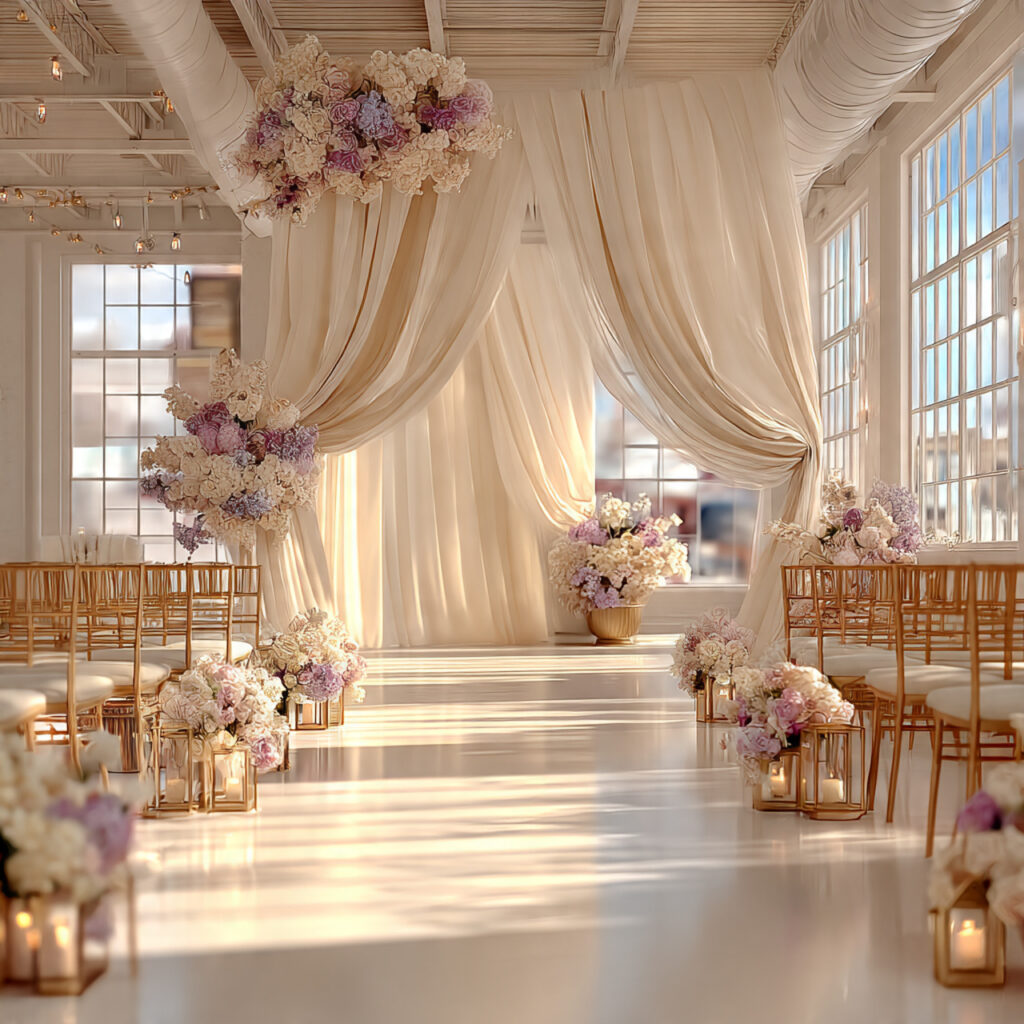 a wedding venue with side by side scenes showing