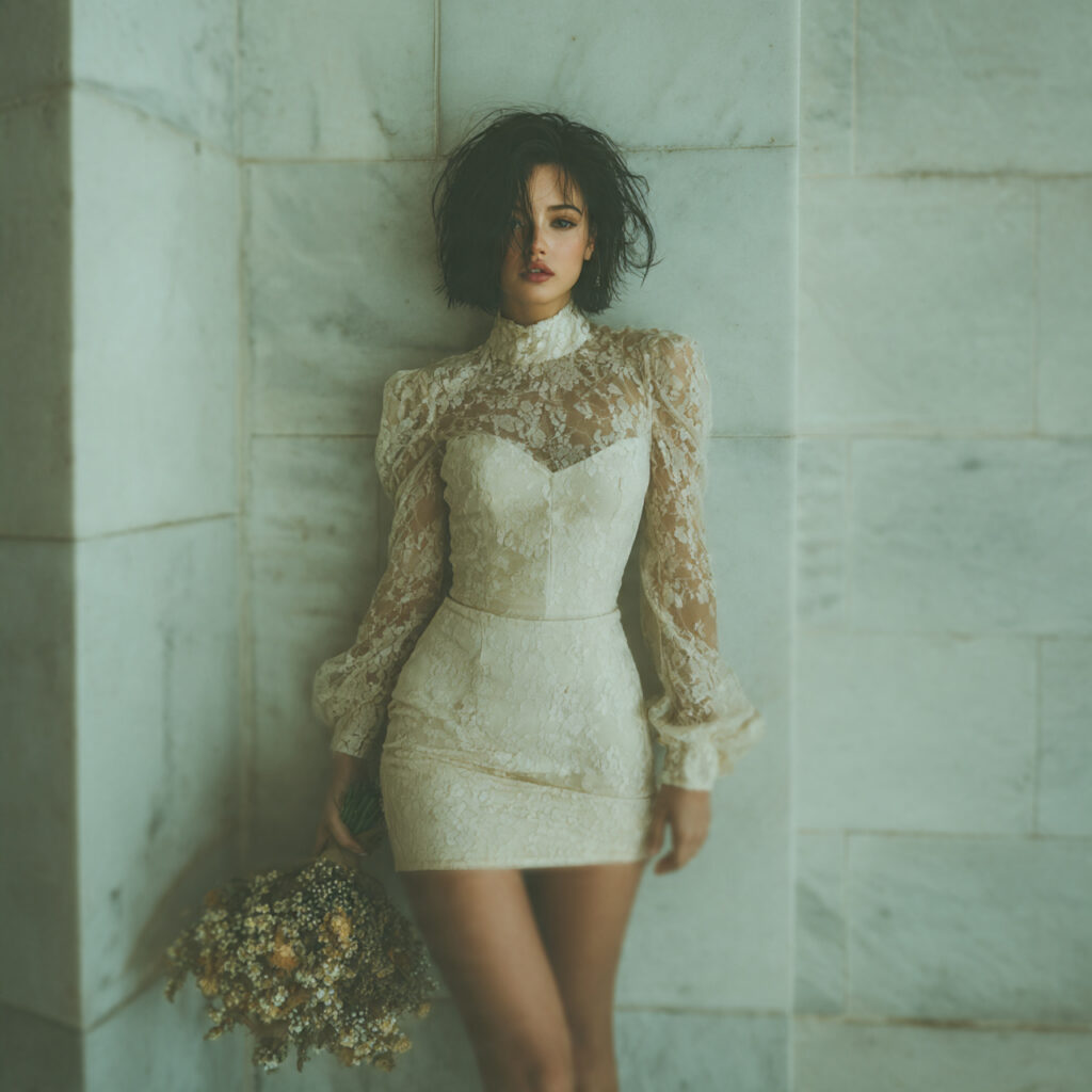 a woman in a knee length lace dress