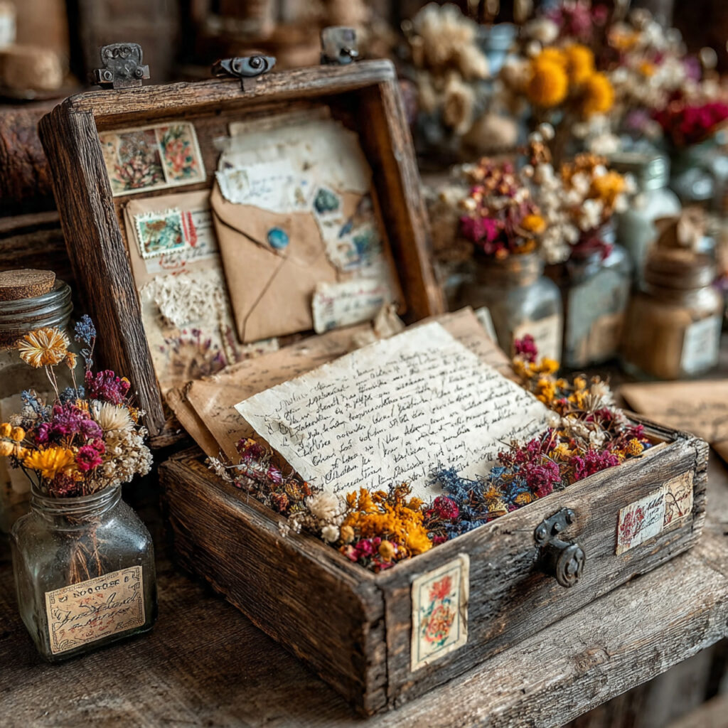 a wooden keepsake box opened with a