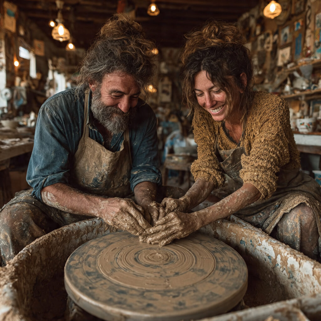 art studio setting with couple shaping clay