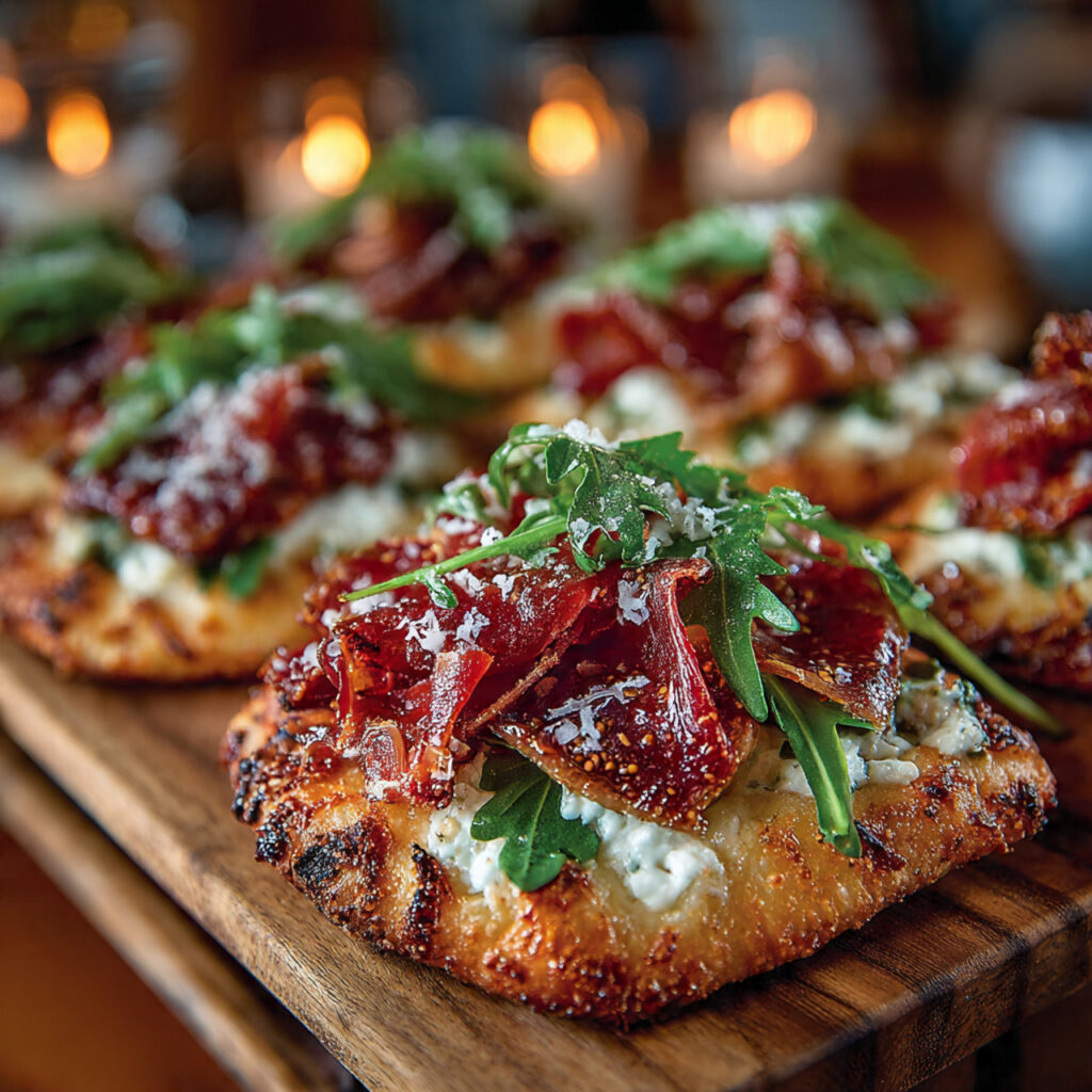 17 Delicious Cocktail Hour Food Ideas to Elevate Your Event 8 artisan flatbreads topped with prosciutto arugula and