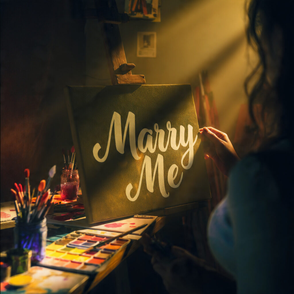 artist proposing in studio canvas with marry