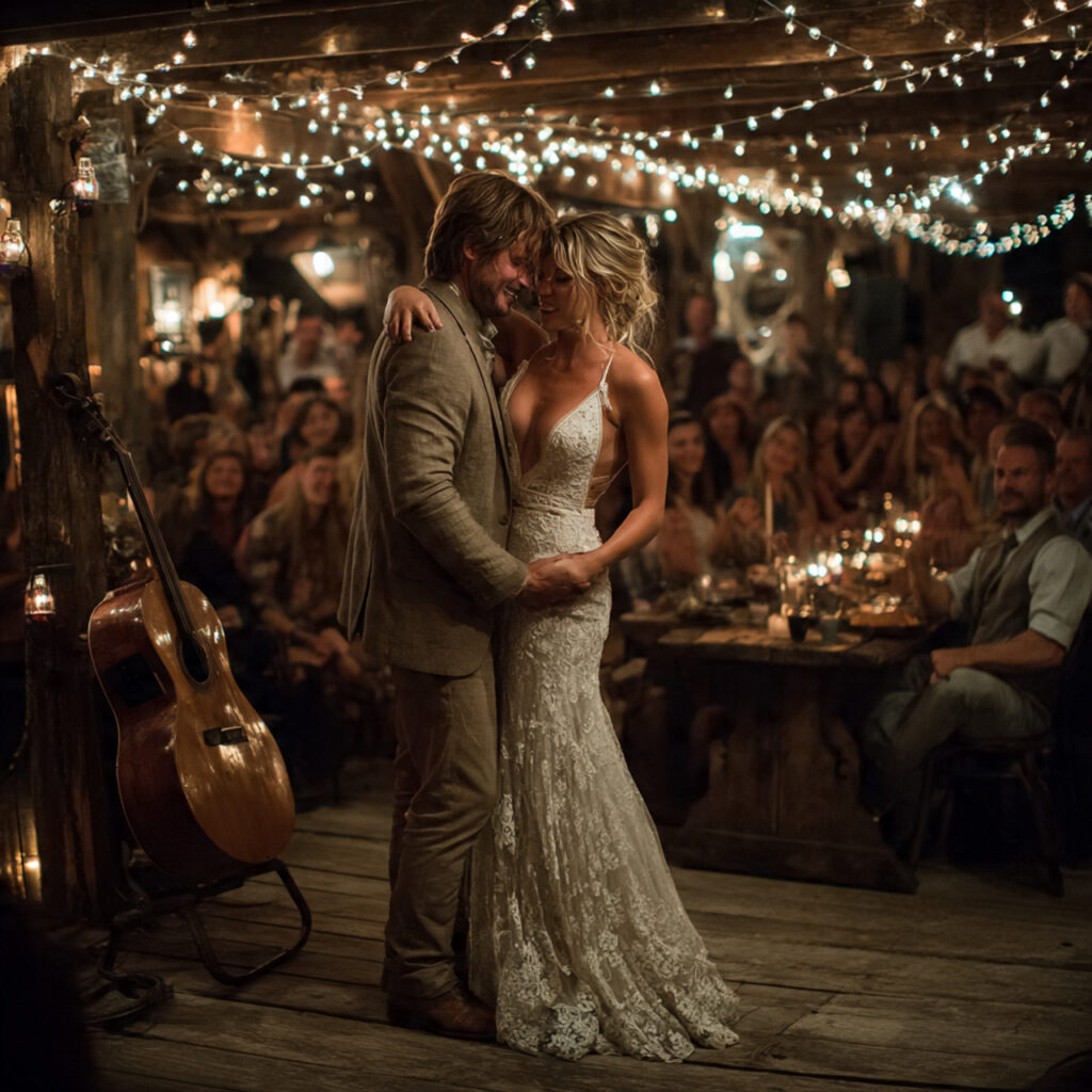 barn wedding with string lights wooden textures