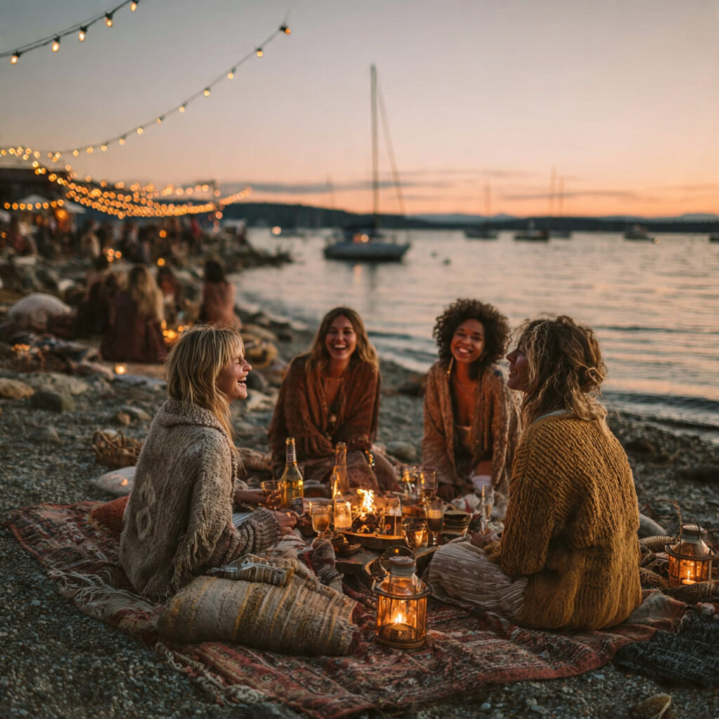 beach bonfire bachelorette party at sunset friends