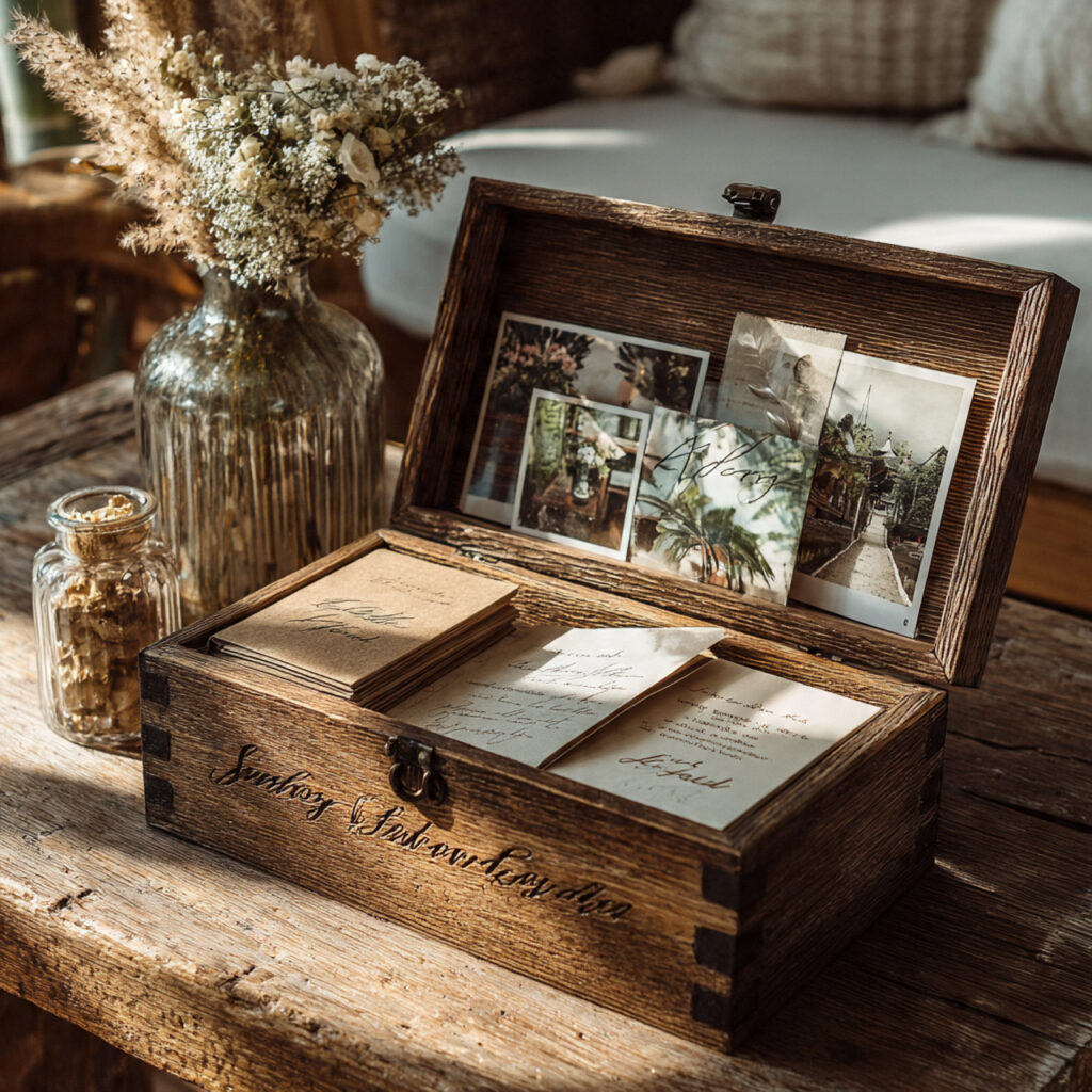 beautiful engraved wooden keepsake box on a