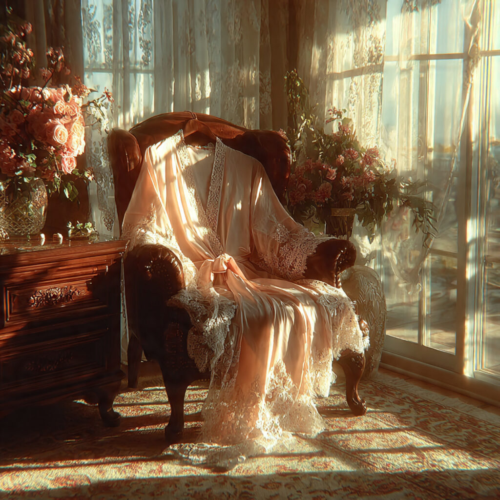 beautiful lace trimmed robe draped on a chair