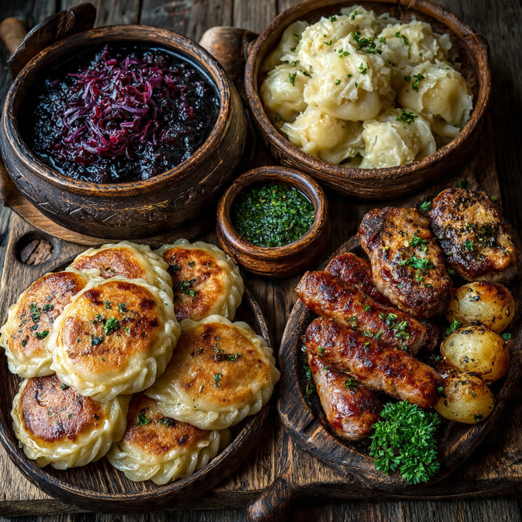 beautiful table of pierogi bigos kielbasa rustic