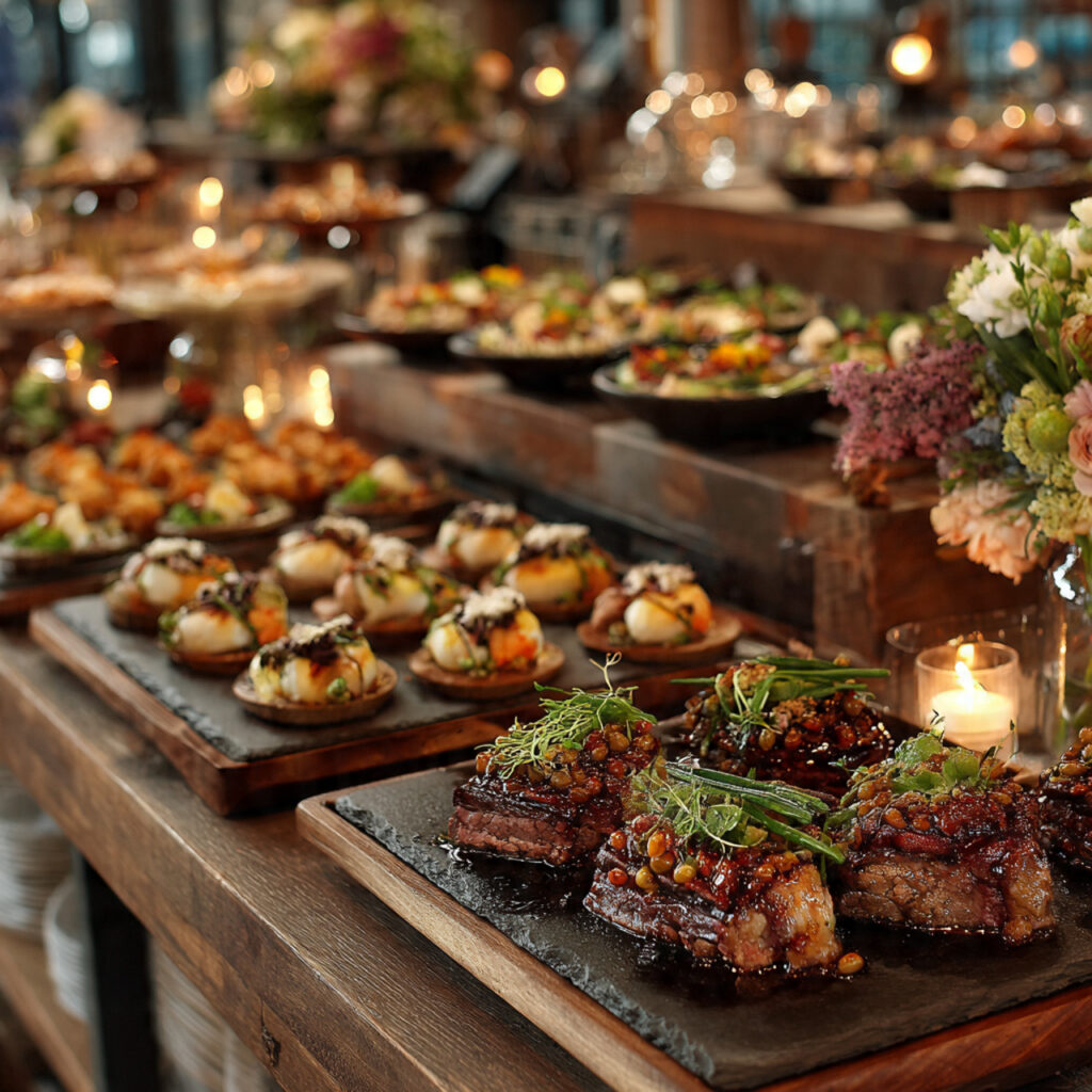 beautiful wedding catering table with plated dishes