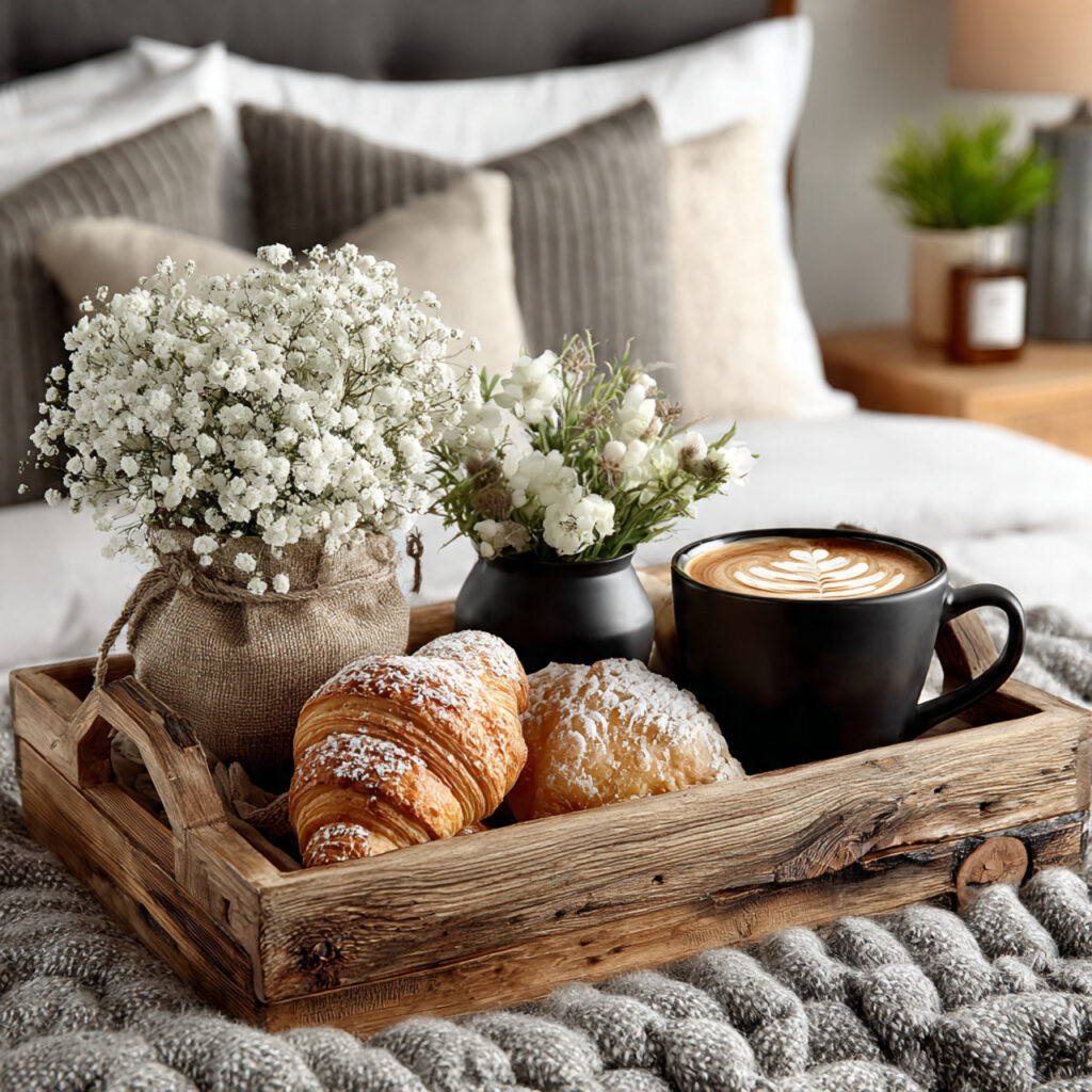 beautiful wooden serving tray with breakfast for