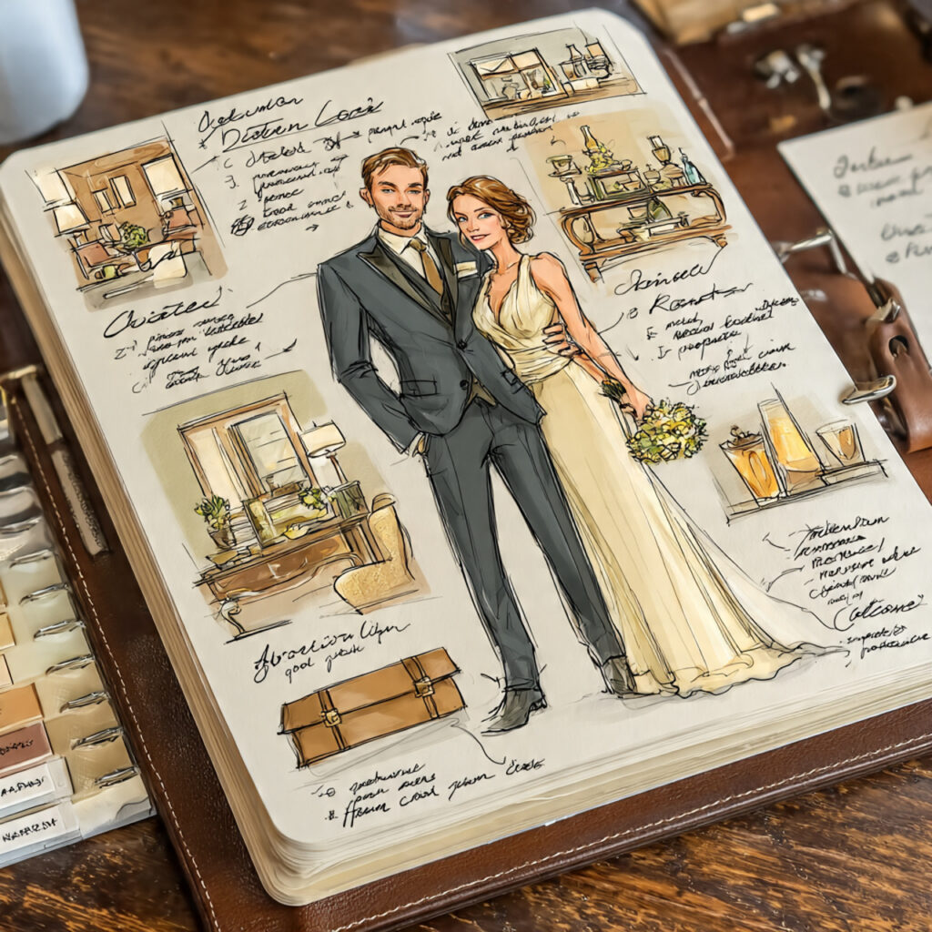 binder page displaying wedding favor ideas sketches