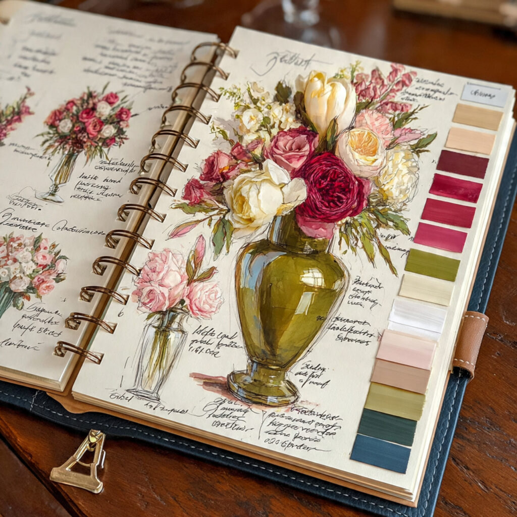 binder page with floral arrangement sketches flower