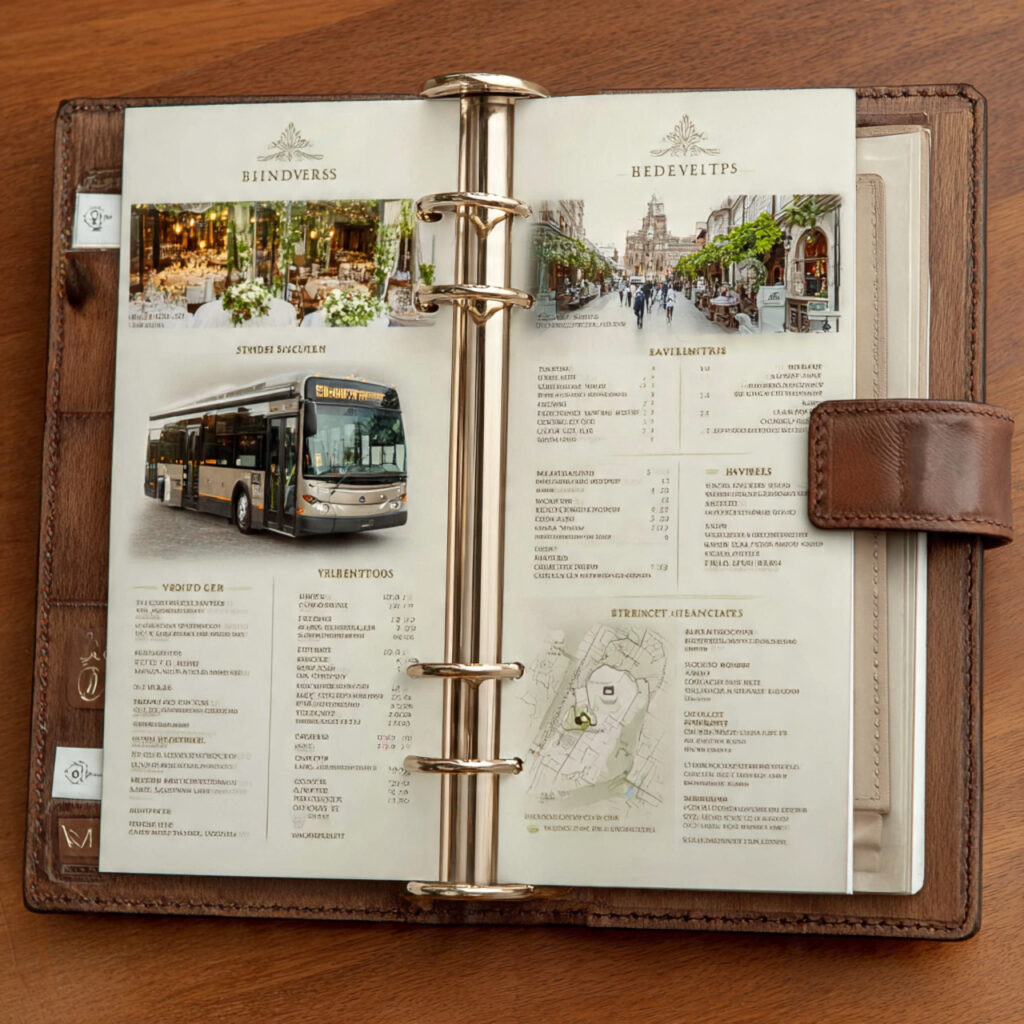 binder page with wedding transportation details shuttle