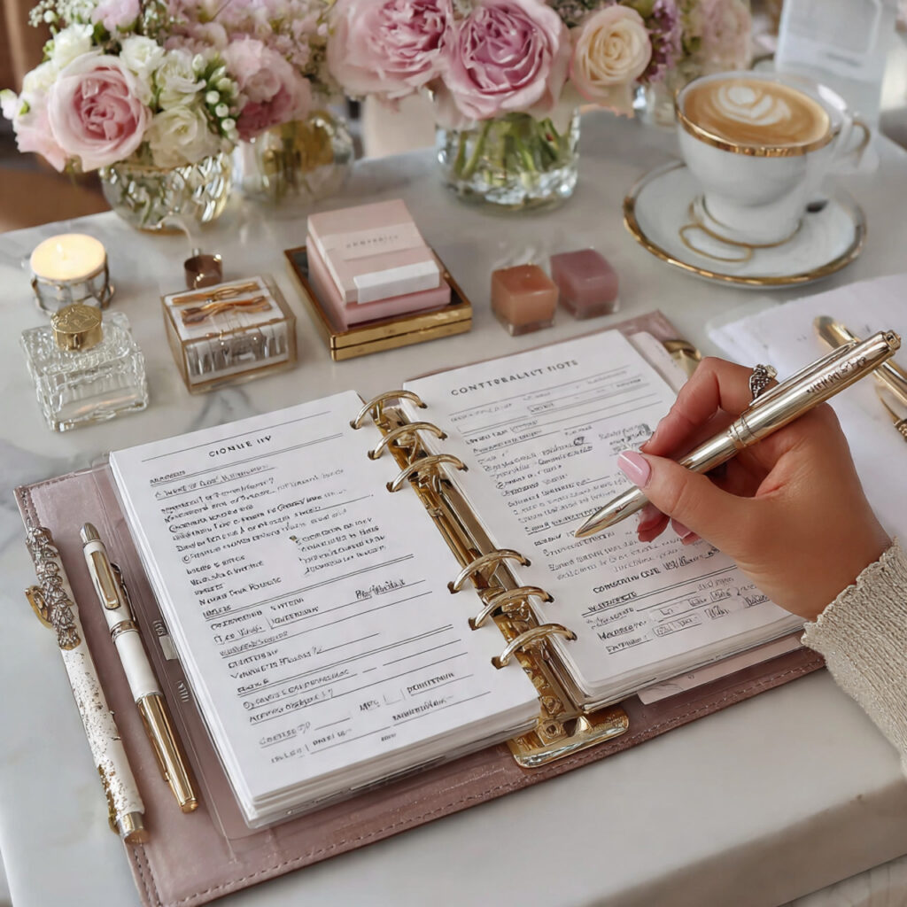 binder page with wedding vendor contacts contracts