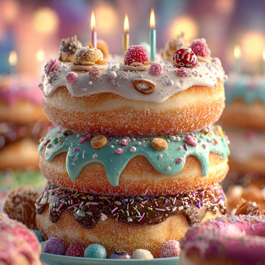 birthday themed donut cake stacked donuts with candles