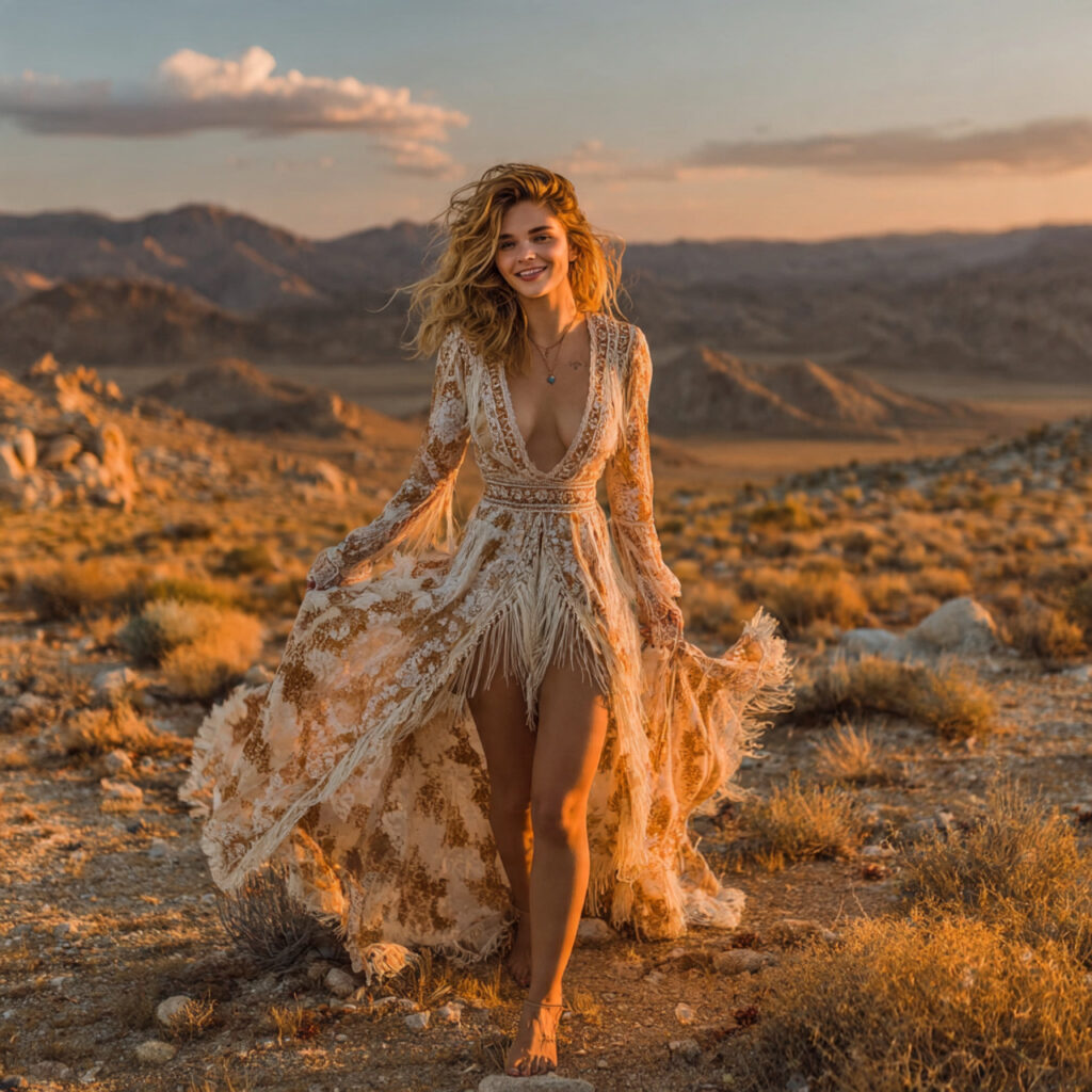 bohemian bride in a fringe wedding dress
