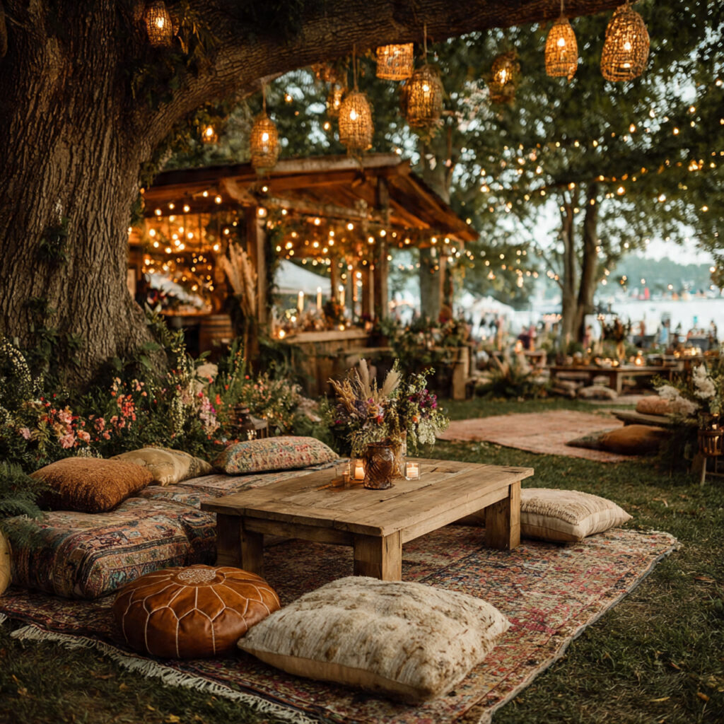 boho style outdoor wedding after party layered rugs