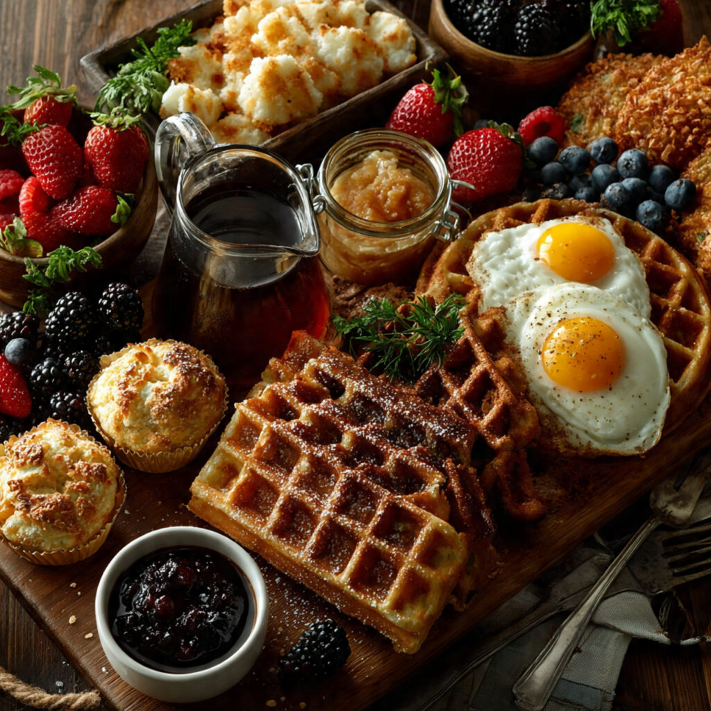 breakfast grazing table with waffles pancakes berries