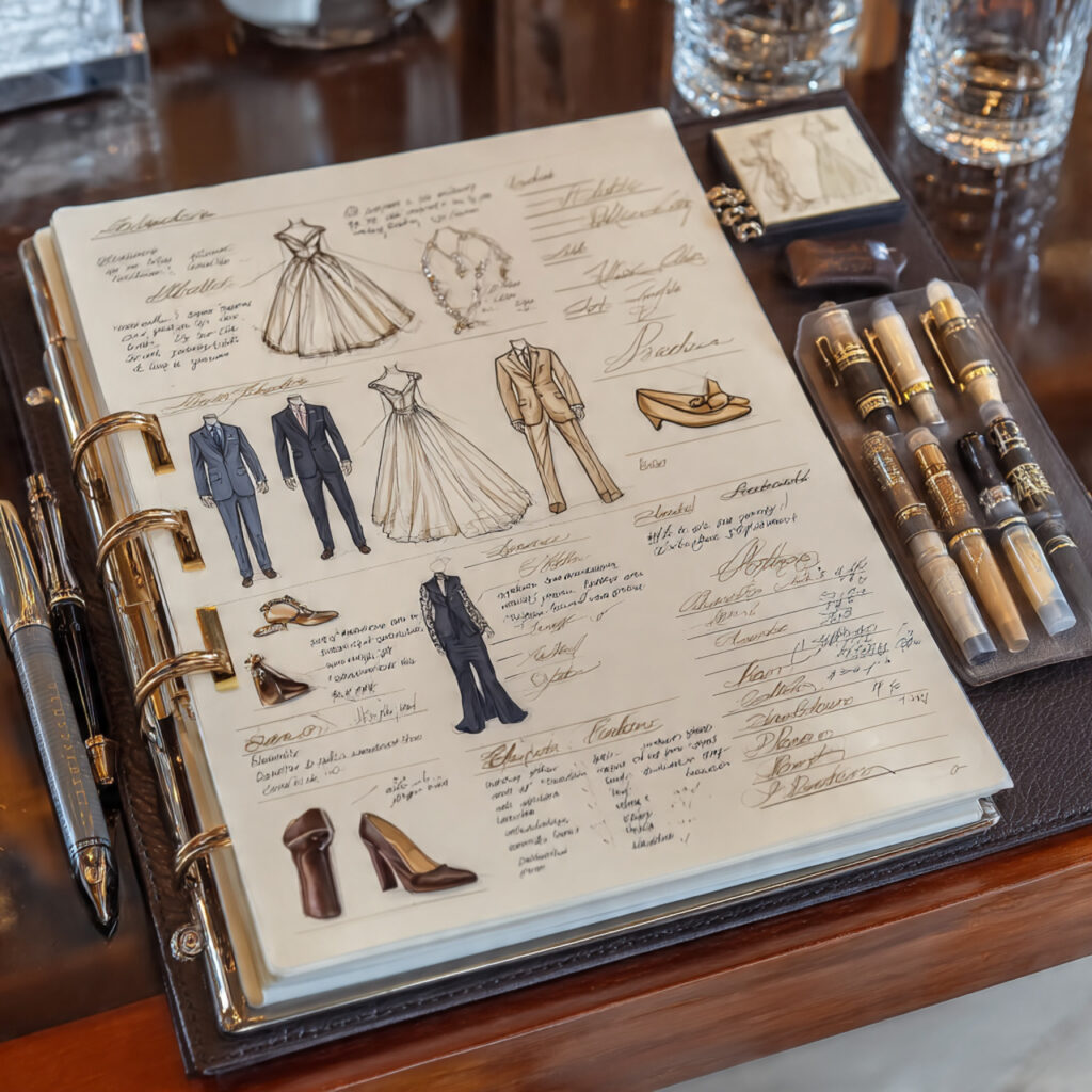 bridal attire checklist inside a binder dress