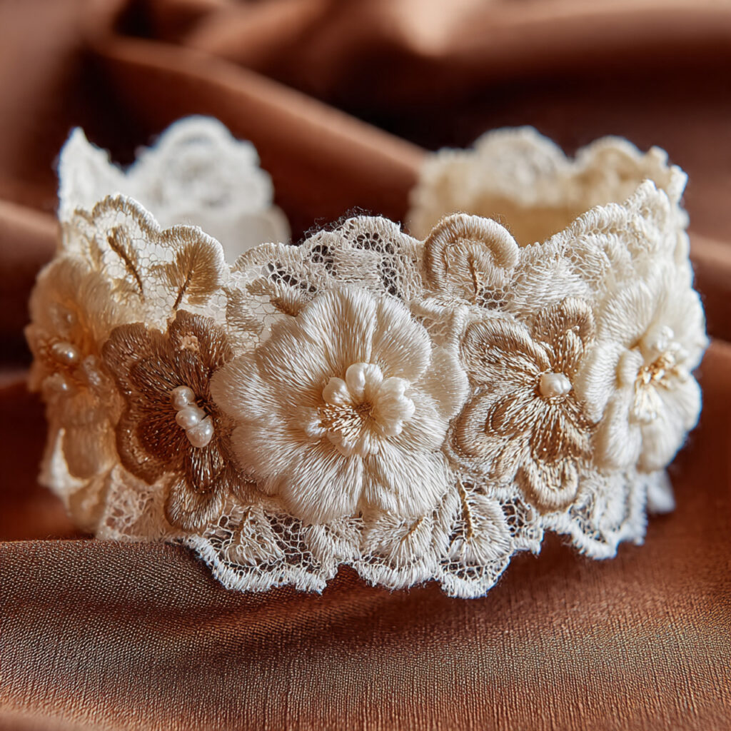 bridal garter made from repurposed wedding dress