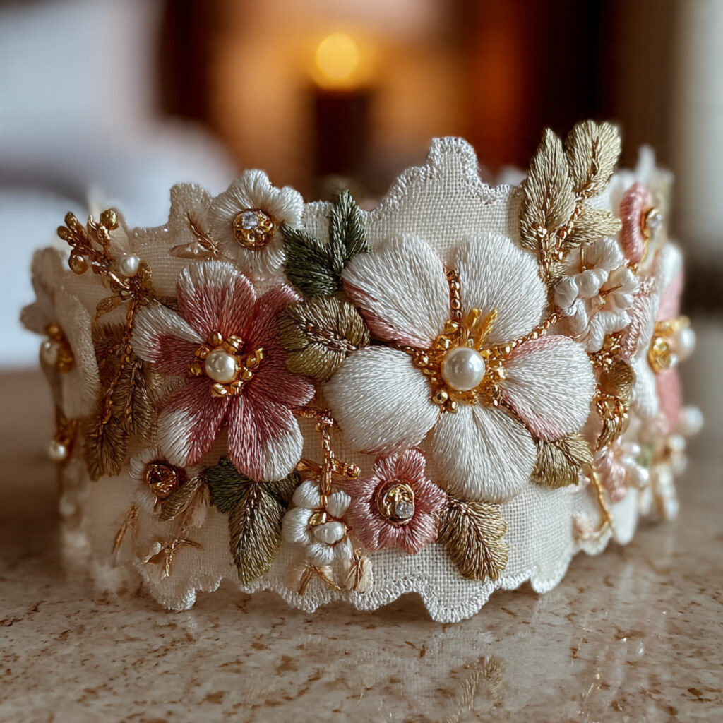 bridal garter with embroidered floral appliques soft
