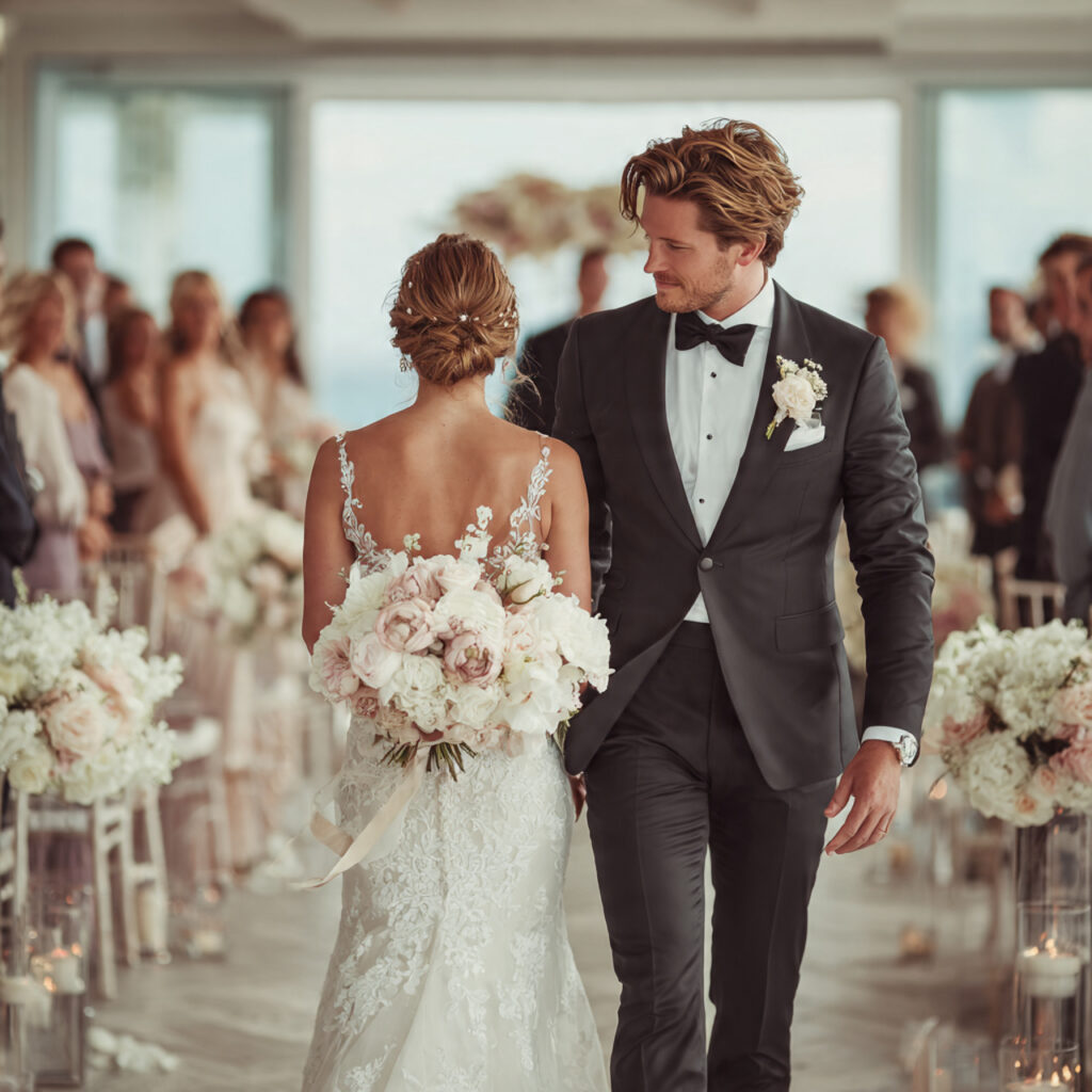 bridal party practicing walking down the aisle