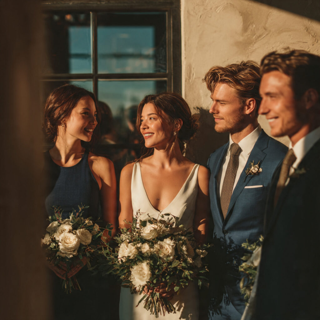 bridal party rehearsing ceremony casual interaction warm