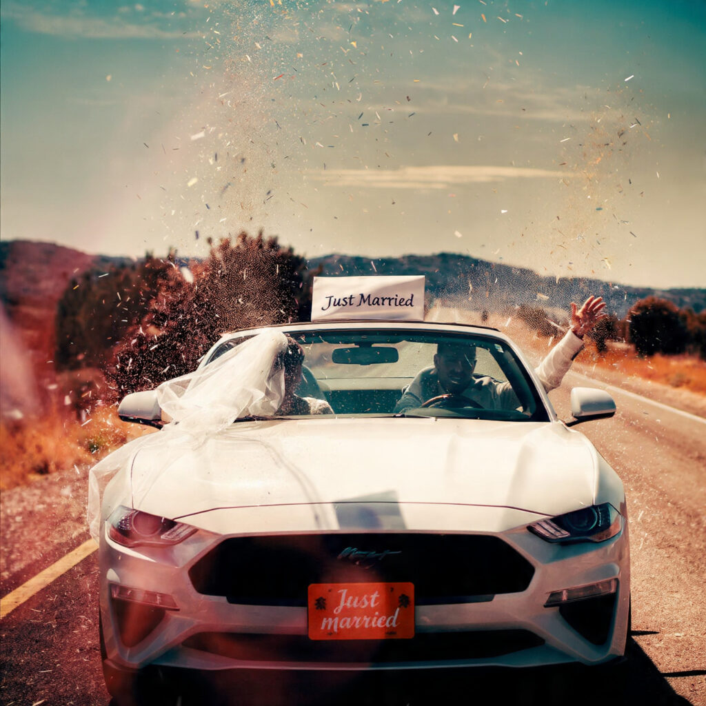 bride and groom driving away in a