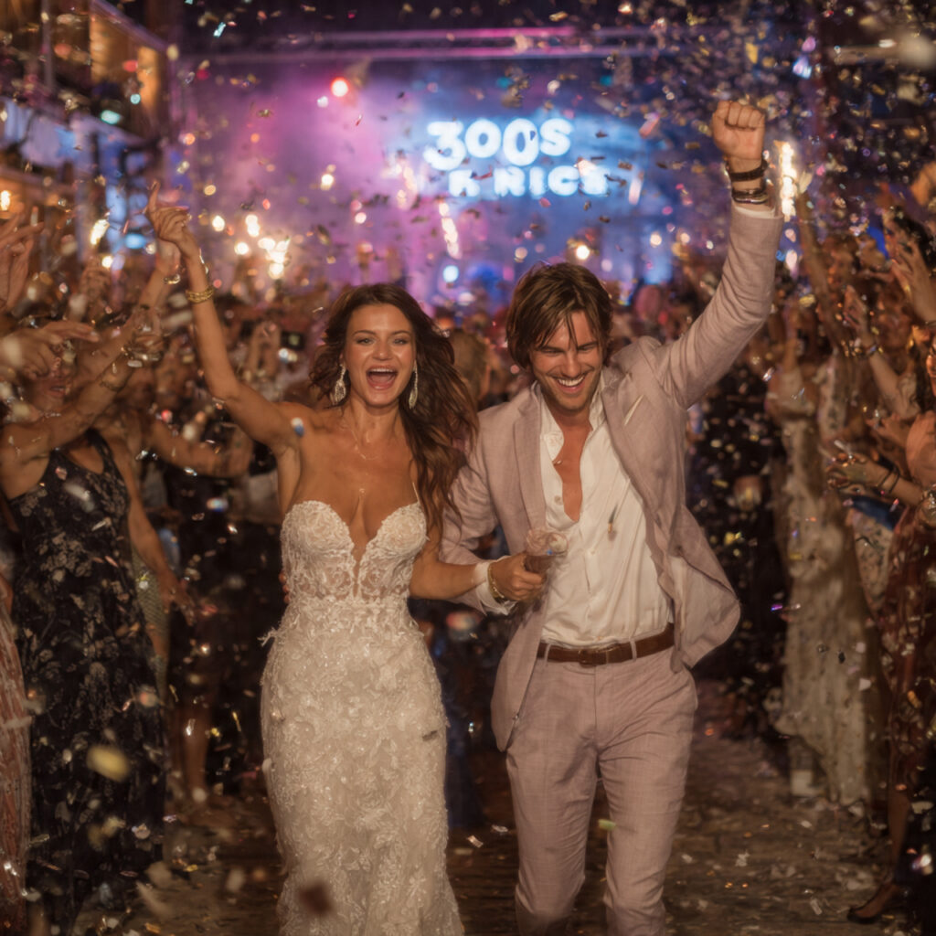 bride and groom entering reception with high
