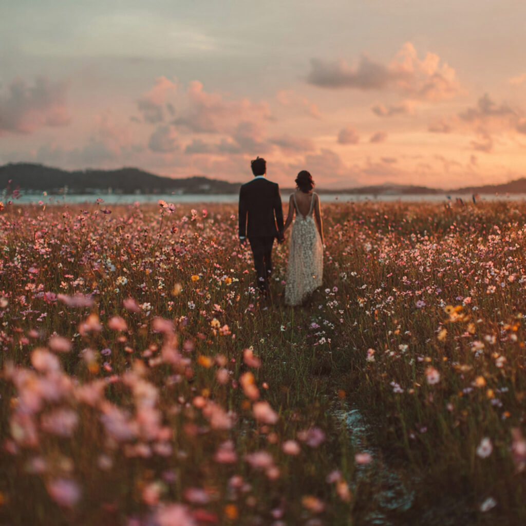 bride and groom holding hands at sunset