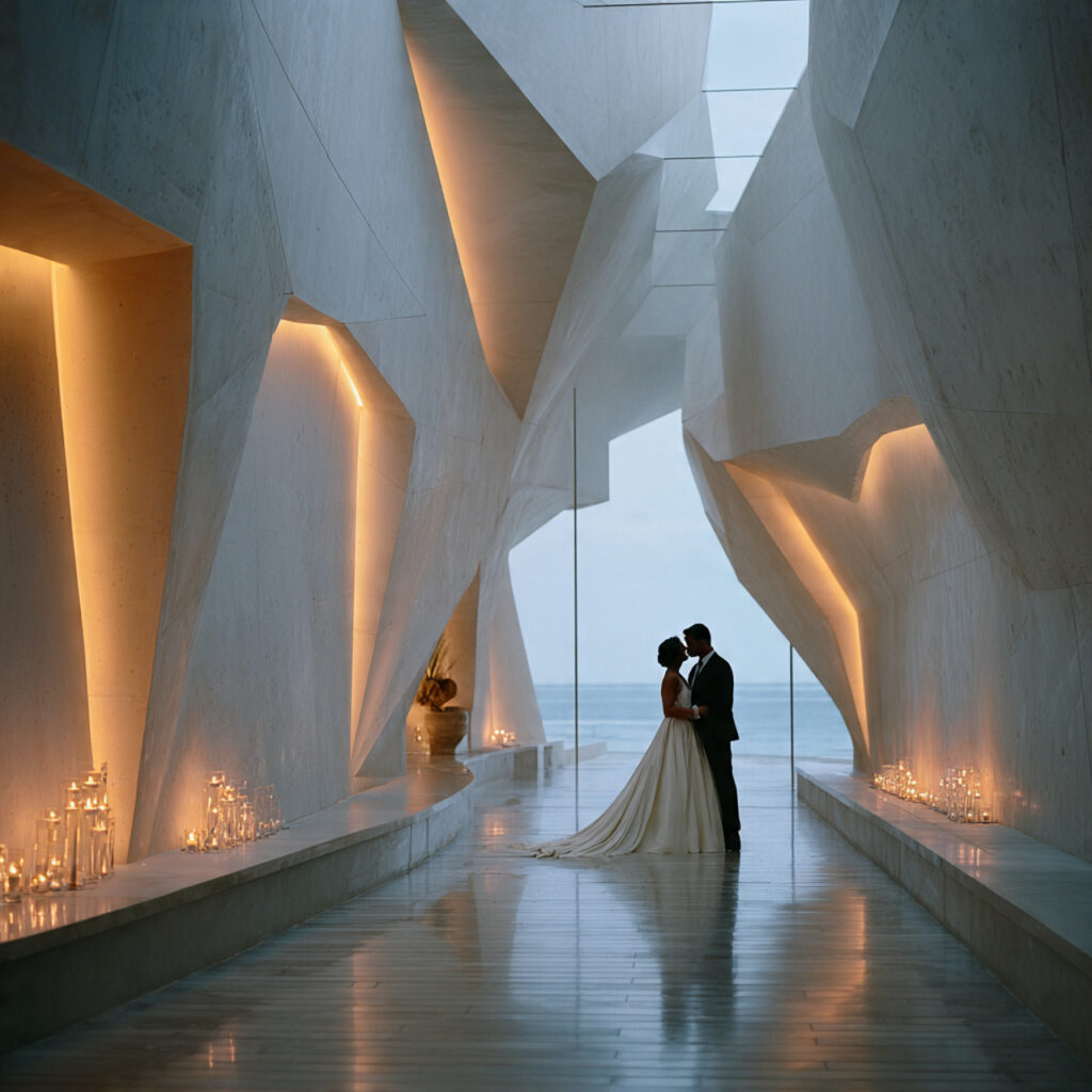 bride and groom in minimalist venue geometric