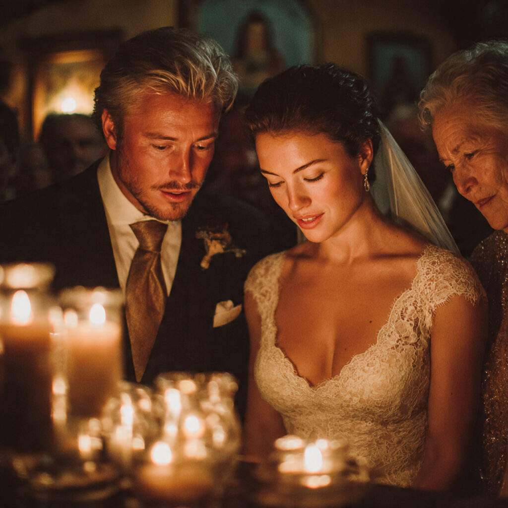 bride and groom lighting unity candle at