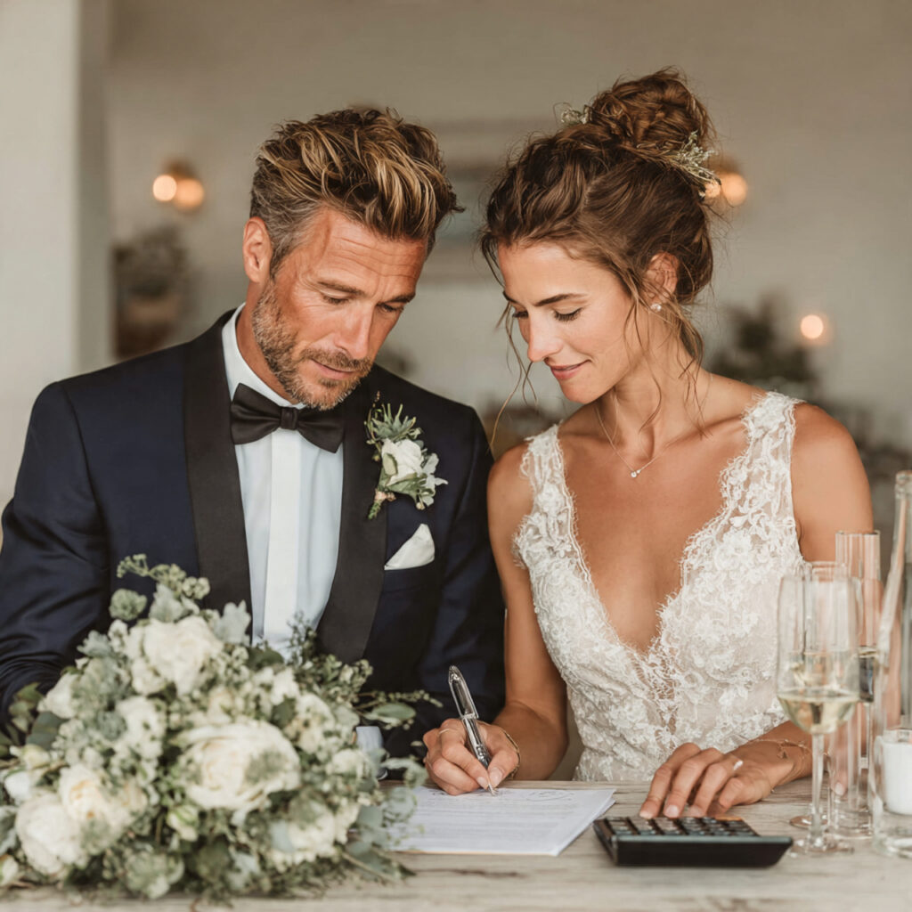 bride and groom reviewing wedding costs calculator