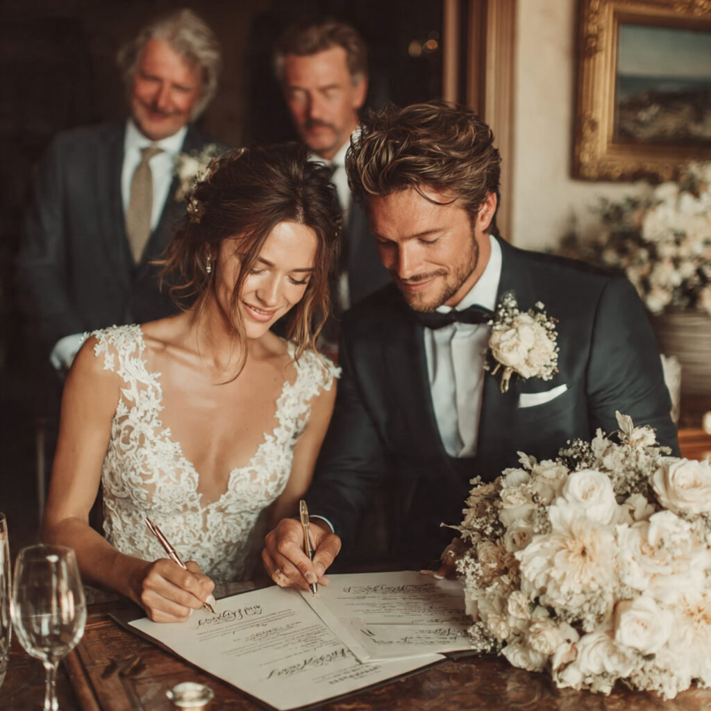 bride and groom signing documents with witnesses